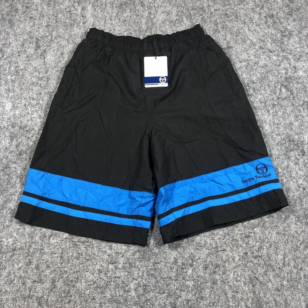 Sergio Tacchini Swim Shorts Mens Small Black Blue Striped Drawstring Lined